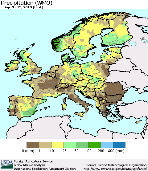 Europe Precipitation (WMO) Thematic Map For 9/9/2019 - 9/15/2019