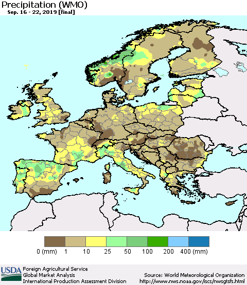 Europe Precipitation (WMO) Thematic Map For 9/16/2019 - 9/22/2019