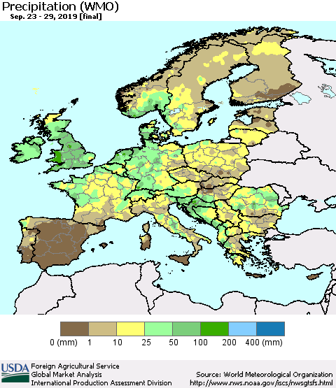 Europe Precipitation (WMO) Thematic Map For 9/23/2019 - 9/29/2019