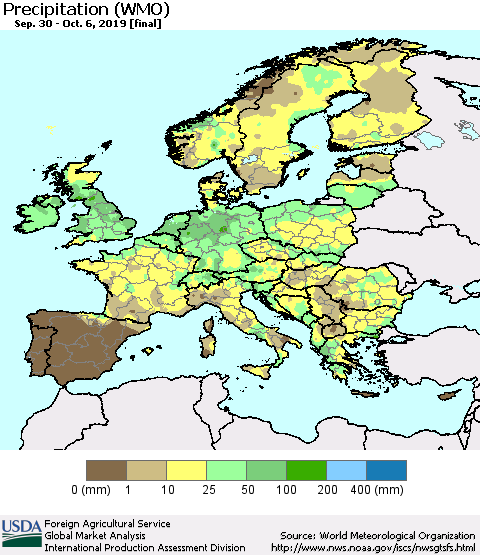 Europe Precipitation (WMO) Thematic Map For 9/30/2019 - 10/6/2019