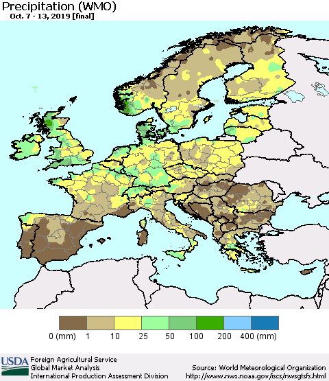 Europe Precipitation (WMO) Thematic Map For 10/7/2019 - 10/13/2019