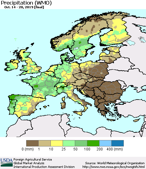 Europe Precipitation (WMO) Thematic Map For 10/14/2019 - 10/20/2019