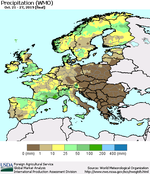 Europe Precipitation (WMO) Thematic Map For 10/21/2019 - 10/27/2019