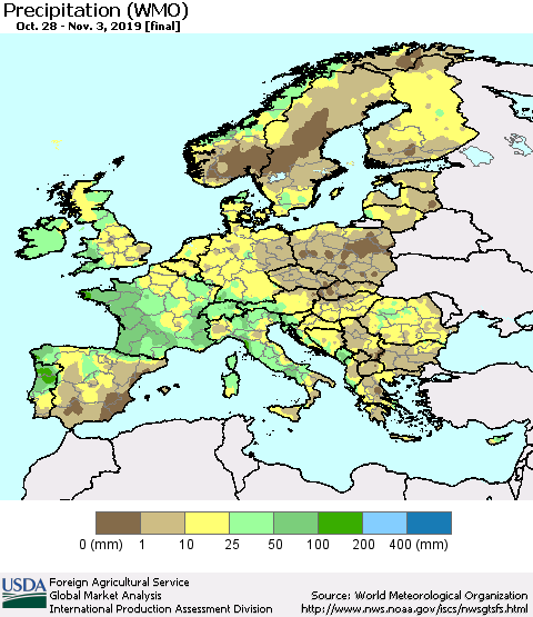 Europe Precipitation (WMO) Thematic Map For 10/28/2019 - 11/3/2019