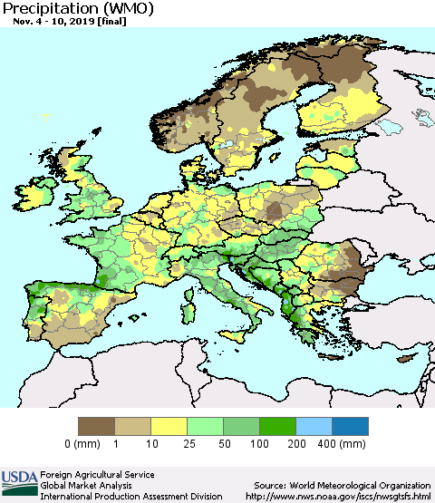 Europe Precipitation (WMO) Thematic Map For 11/4/2019 - 11/10/2019
