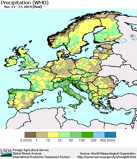 Europe Precipitation (WMO) Thematic Map For 11/11/2019 - 11/17/2019