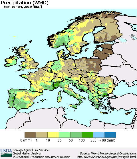 Europe Precipitation (WMO) Thematic Map For 11/18/2019 - 11/24/2019