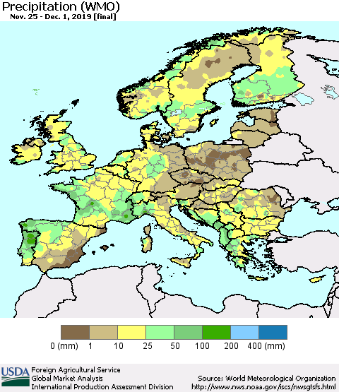 Europe Precipitation (WMO) Thematic Map For 11/25/2019 - 12/1/2019