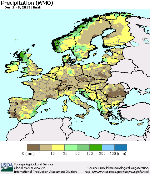 Europe Precipitation (WMO) Thematic Map For 12/2/2019 - 12/8/2019