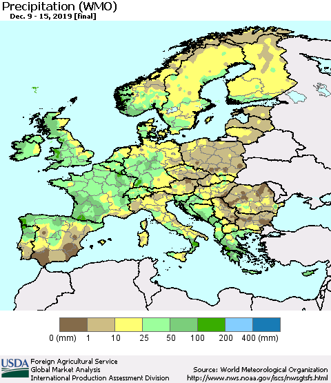 Europe Precipitation (WMO) Thematic Map For 12/9/2019 - 12/15/2019