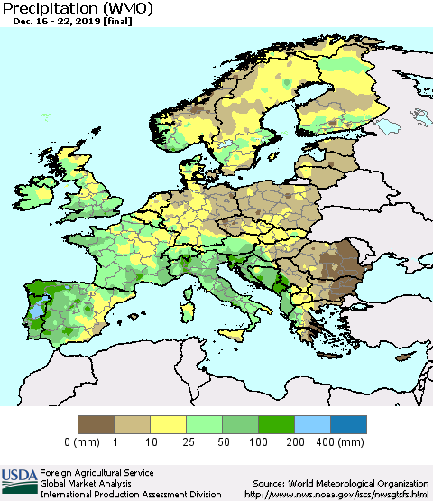 Europe Precipitation (WMO) Thematic Map For 12/16/2019 - 12/22/2019