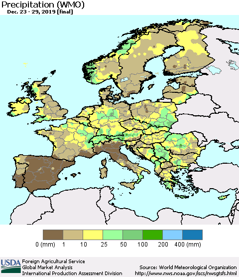 Europe Precipitation (WMO) Thematic Map For 12/23/2019 - 12/29/2019