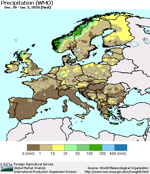 Europe Precipitation (WMO) Thematic Map For 12/30/2019 - 1/5/2020