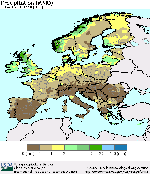 Europe Precipitation (WMO) Thematic Map For 1/6/2020 - 1/12/2020