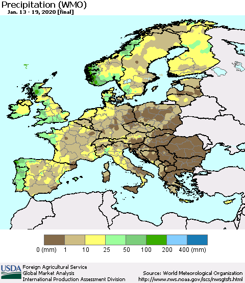 Europe Precipitation (WMO) Thematic Map For 1/13/2020 - 1/19/2020