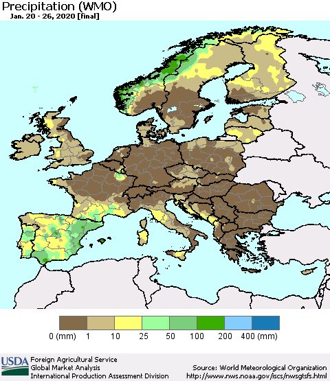 Europe Precipitation (WMO) Thematic Map For 1/20/2020 - 1/26/2020