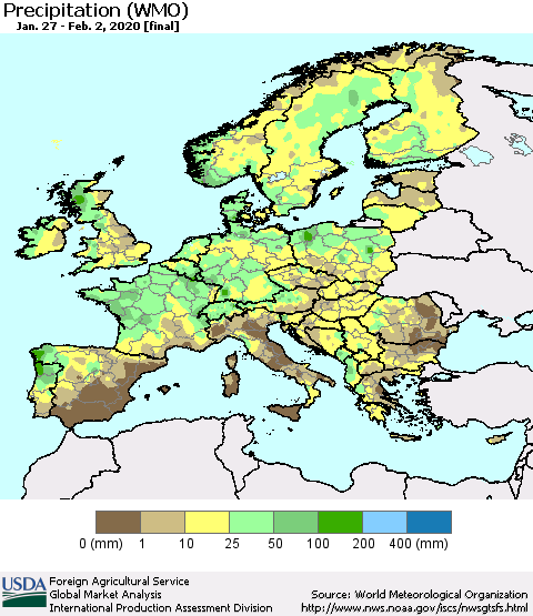 Europe Precipitation (WMO) Thematic Map For 1/27/2020 - 2/2/2020