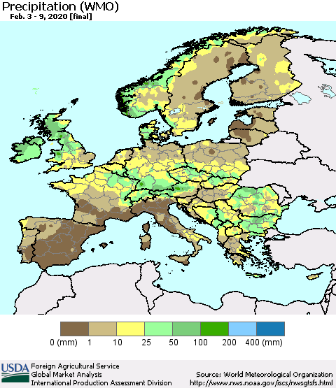 Europe Precipitation (WMO) Thematic Map For 2/3/2020 - 2/9/2020