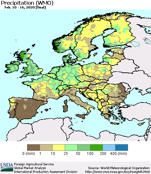 Europe Precipitation (WMO) Thematic Map For 2/10/2020 - 2/16/2020