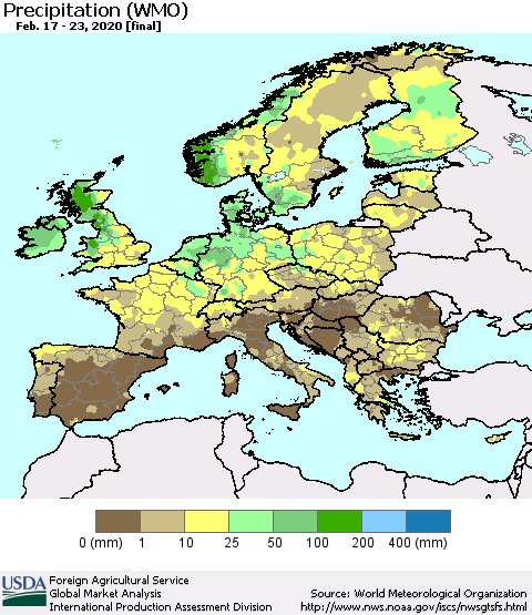 Europe Precipitation (WMO) Thematic Map For 2/17/2020 - 2/23/2020