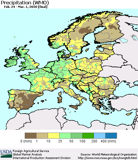 Europe Precipitation (WMO) Thematic Map For 2/24/2020 - 3/1/2020