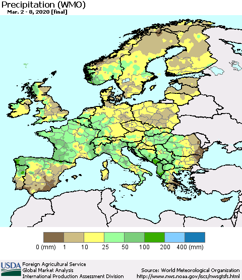 Europe Precipitation (WMO) Thematic Map For 3/2/2020 - 3/8/2020