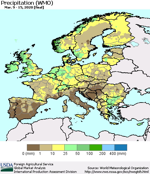 Europe Precipitation (WMO) Thematic Map For 3/9/2020 - 3/15/2020