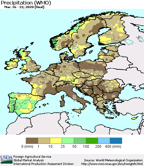 Europe Precipitation (WMO) Thematic Map For 3/16/2020 - 3/22/2020
