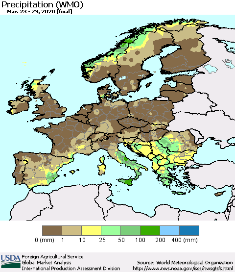 Europe Precipitation (WMO) Thematic Map For 3/23/2020 - 3/29/2020