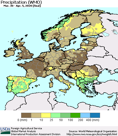 Europe Precipitation (WMO) Thematic Map For 3/30/2020 - 4/5/2020