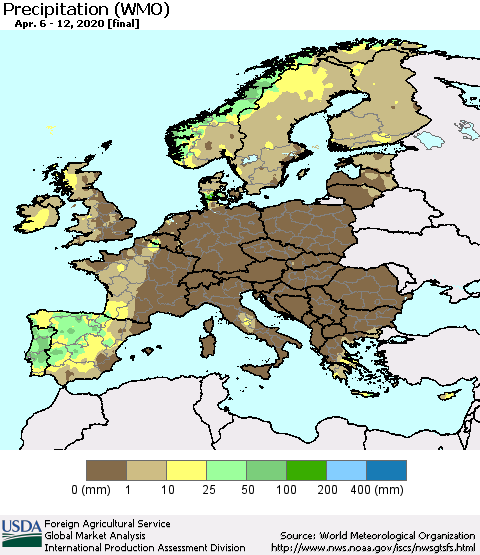 Europe Precipitation (WMO) Thematic Map For 4/6/2020 - 4/12/2020