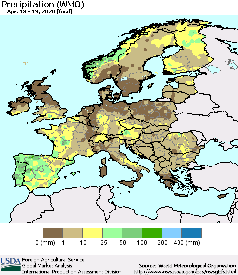 Europe Precipitation (WMO) Thematic Map For 4/13/2020 - 4/19/2020