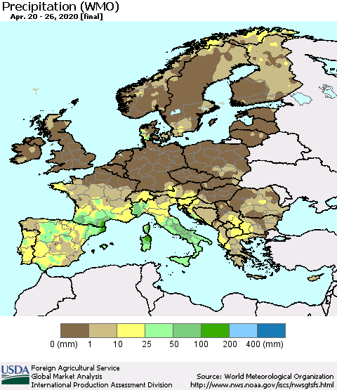 Europe Precipitation (WMO) Thematic Map For 4/20/2020 - 4/26/2020