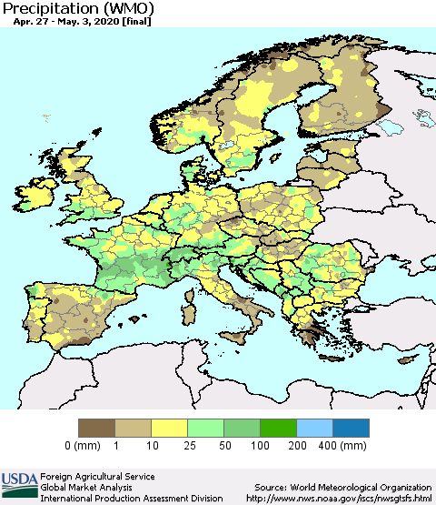 Europe Precipitation (WMO) Thematic Map For 4/27/2020 - 5/3/2020