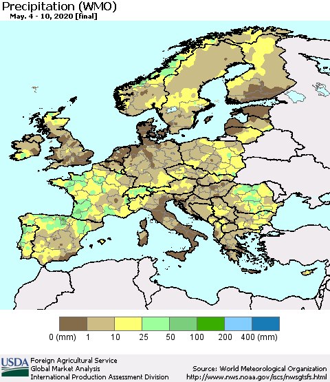 Europe Precipitation (WMO) Thematic Map For 5/4/2020 - 5/10/2020