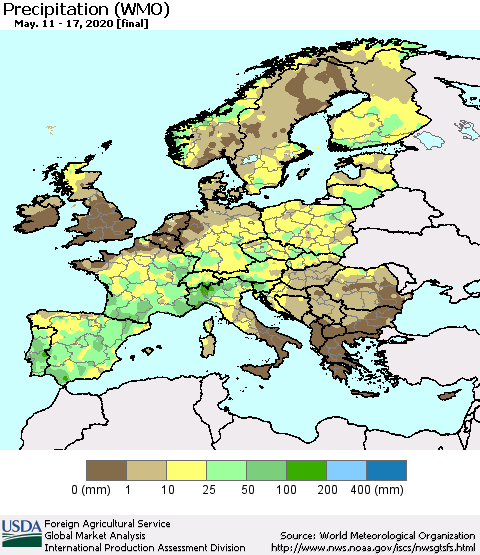 Europe Precipitation (WMO) Thematic Map For 5/11/2020 - 5/17/2020