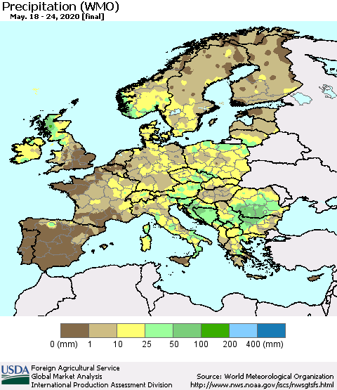 Europe Precipitation (WMO) Thematic Map For 5/18/2020 - 5/24/2020