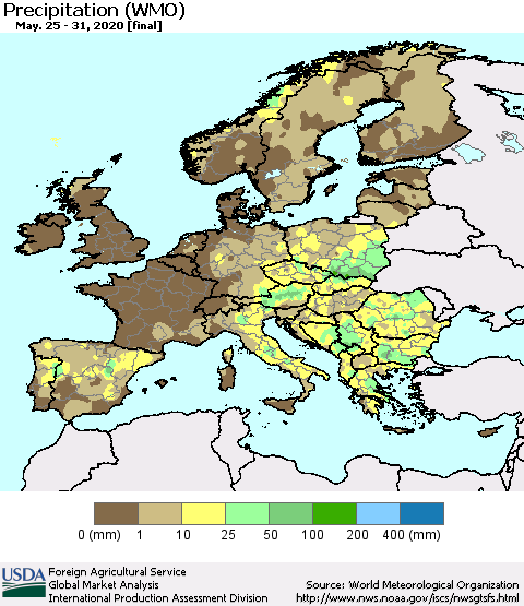 Europe Precipitation (WMO) Thematic Map For 5/25/2020 - 5/31/2020