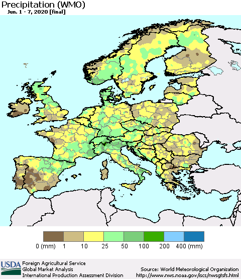 Europe Precipitation (WMO) Thematic Map For 6/1/2020 - 6/7/2020