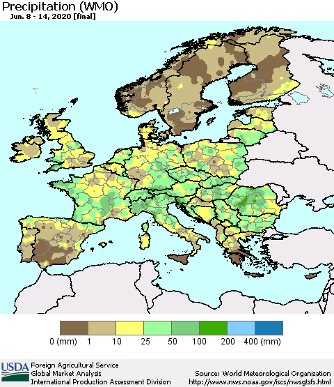 Europe Precipitation (WMO) Thematic Map For 6/8/2020 - 6/14/2020
