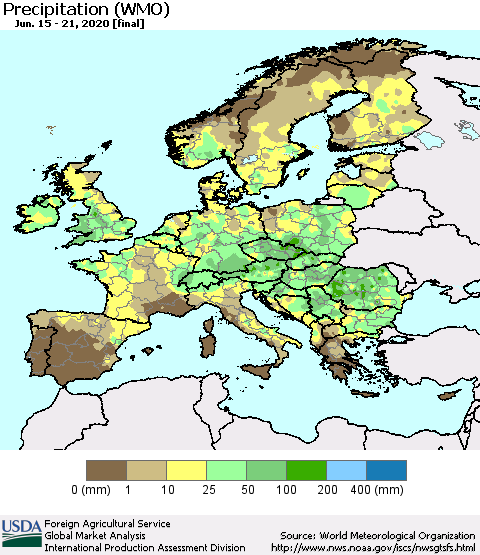 Europe Precipitation (WMO) Thematic Map For 6/15/2020 - 6/21/2020