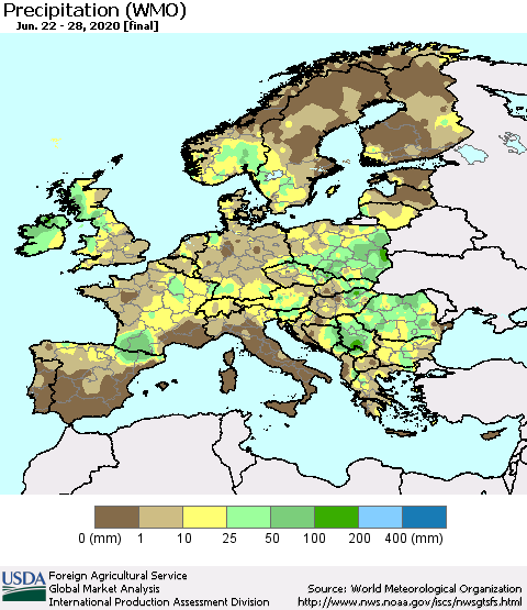 Europe Precipitation (WMO) Thematic Map For 6/22/2020 - 6/28/2020