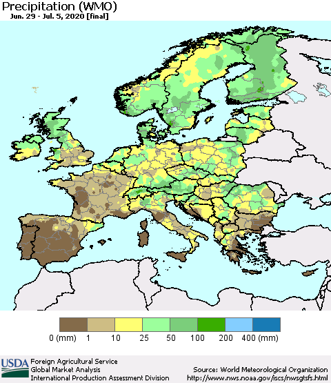 Europe Precipitation (WMO) Thematic Map For 6/29/2020 - 7/5/2020