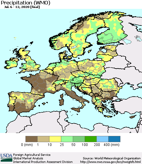 Europe Precipitation (WMO) Thematic Map For 7/6/2020 - 7/12/2020