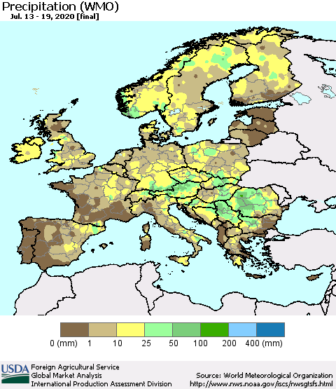 Europe Precipitation (WMO) Thematic Map For 7/13/2020 - 7/19/2020