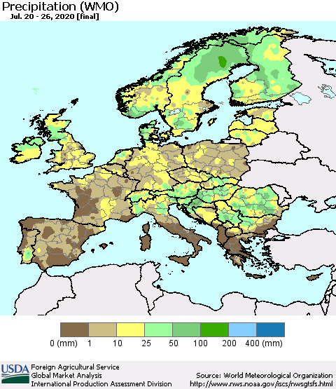 Europe Precipitation (WMO) Thematic Map For 7/20/2020 - 7/26/2020