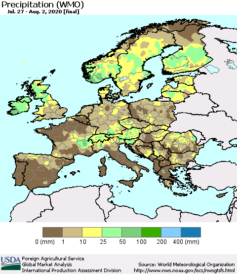 Europe Precipitation (WMO) Thematic Map For 7/27/2020 - 8/2/2020