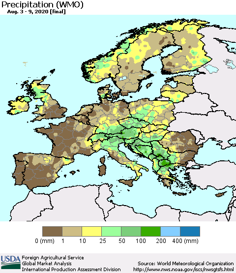 Europe Precipitation (WMO) Thematic Map For 8/3/2020 - 8/9/2020