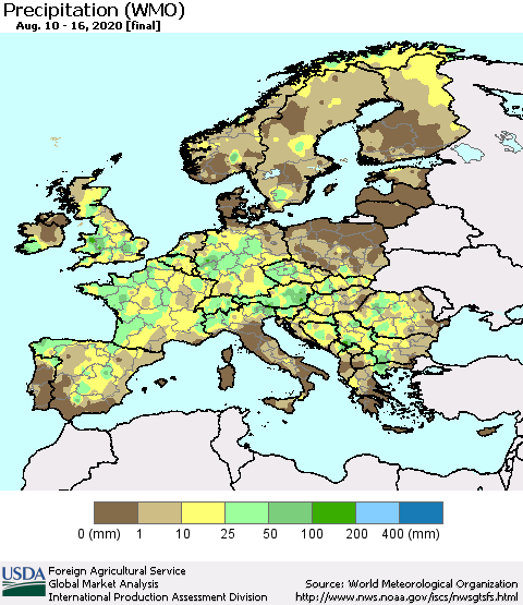 Europe Precipitation (WMO) Thematic Map For 8/10/2020 - 8/16/2020