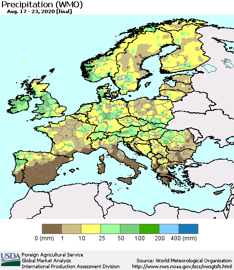 Europe Precipitation (WMO) Thematic Map For 8/17/2020 - 8/23/2020